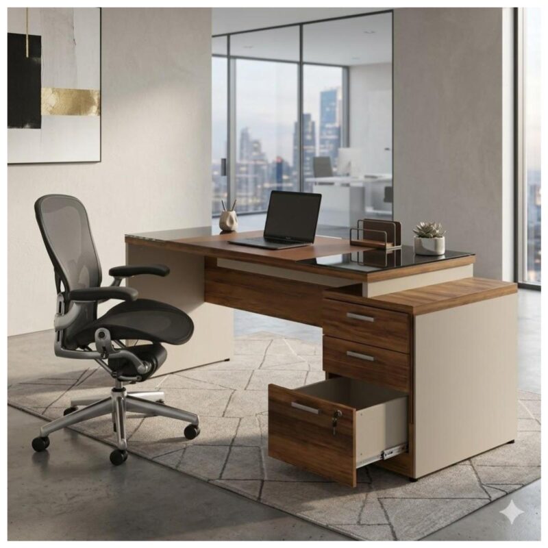 Móveis para Escritório Mesa para Escritório com Gaveteiro 3 Gavetas e Vidro Fumê – 1,92x0,70m - Escrivaninha Home Office - Sevilha / Champainhe - 34430