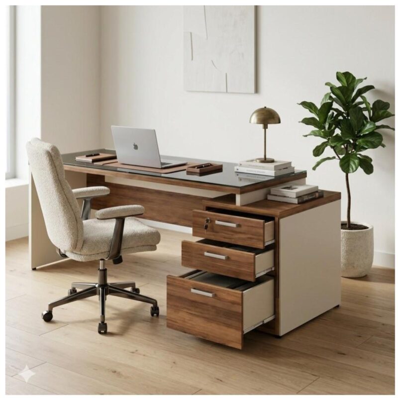 Móveis para Escritório Mesa para Escritório com Gaveteiro 3 Gavetas e Vidro Fumê – 1,92x0,70m - Escrivaninha Home Office - Sevilha / Champainhe - 34430