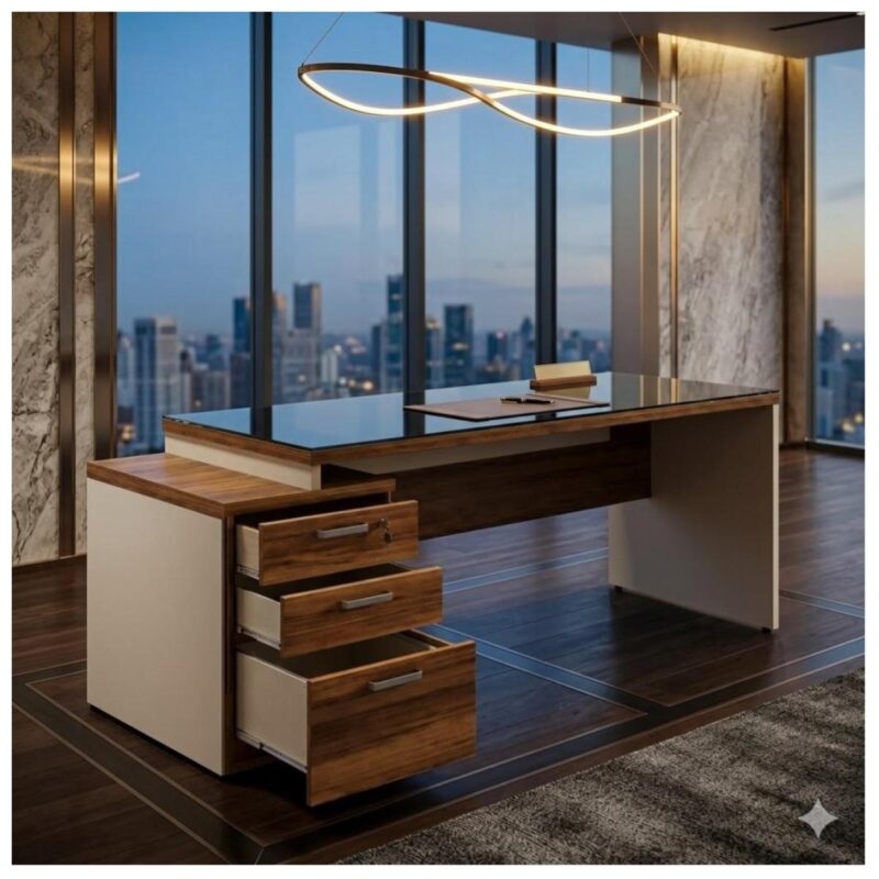 Móveis para Escritório Mesa para Escritório com Gaveteiro 3 Gavetas e Vidro Fumê – 1,92x0,70m - Escrivaninha Home Office - Sevilha / Champainhe - 34430