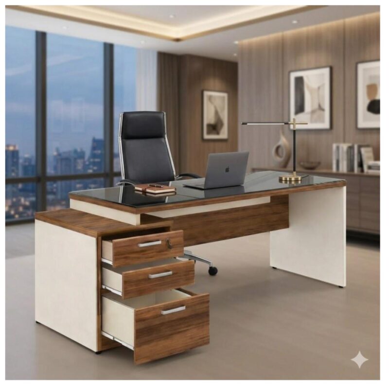 Móveis para Escritório Mesa para Escritório com Gaveteiro 3 Gavetas e Vidro Fumê – 1,92x0,70m - Escrivaninha Home Office - Sevilha / Champainhe - 34430