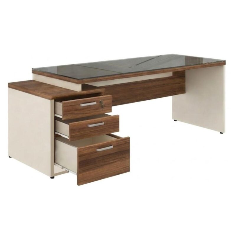 Móveis para Escritório Mesa para Escritório com Gaveteiro 3 Gavetas e Vidro Fumê – 1,92x0,70m - Escrivaninha Home Office - Sevilha / Champainhe - 34430