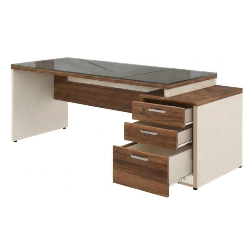 Móveis para Escritório Mesa para Escritório com Gaveteiro 3 Gavetas e Vidro Fumê – 1,92x0,70m - Escrivaninha Home Office - Sevilha / Champainhe - 34430