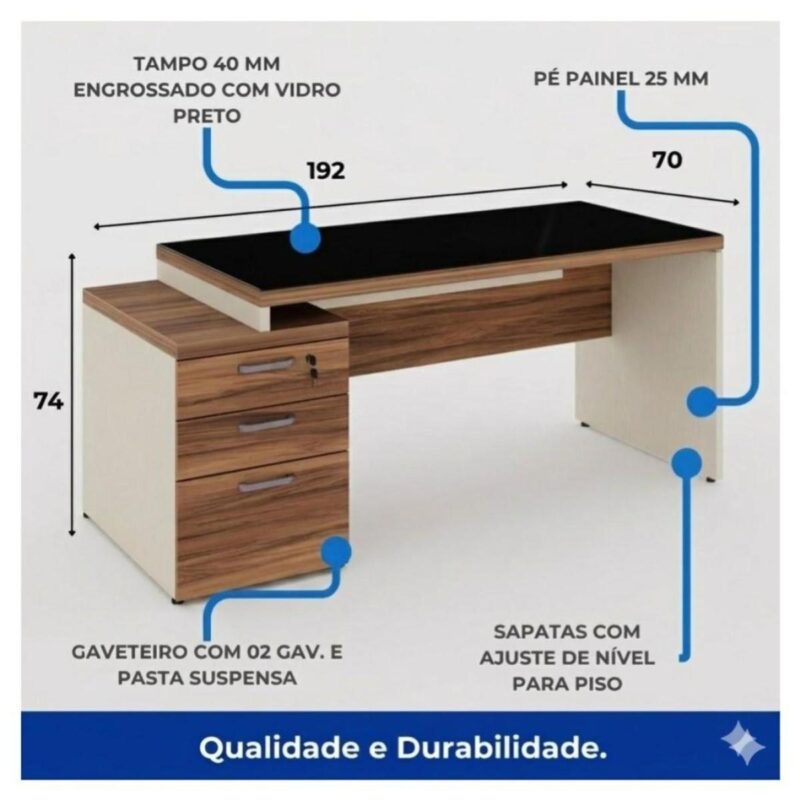 Móveis para Escritório Mesa para Escritório com Gaveteiro 3 Gavetas e Vidro Fumê – 1,92x0,70m - Escrivaninha Home Office - Sevilha / Champainhe - 34430