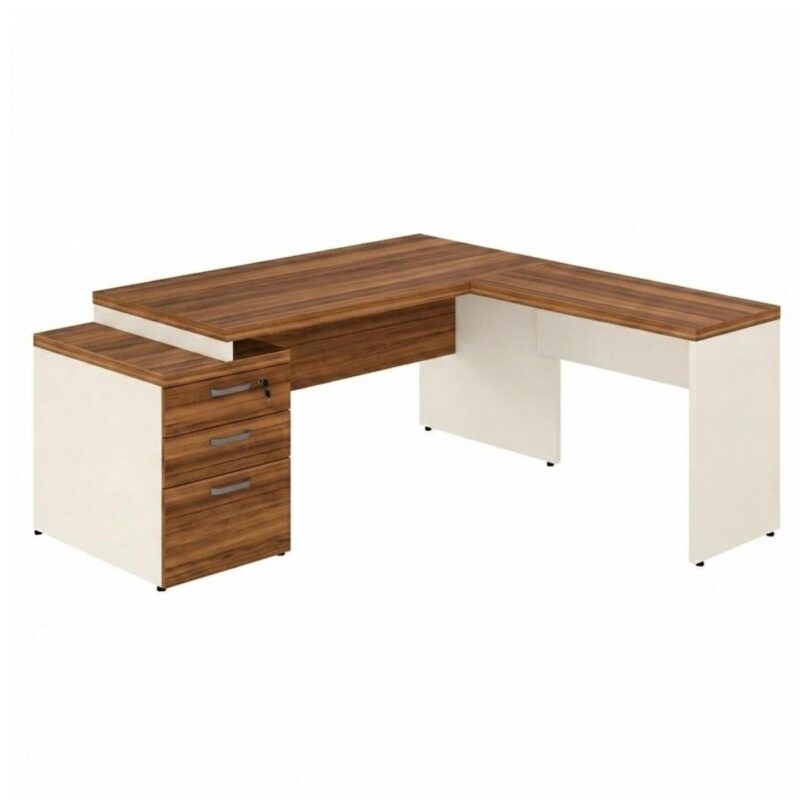 Móveis para Escritório Mesa de Escritório em L Diretor 192x160cm Tampo 40mm com Gaveteiro - Nogal Sevilha / Champanhe - 34431