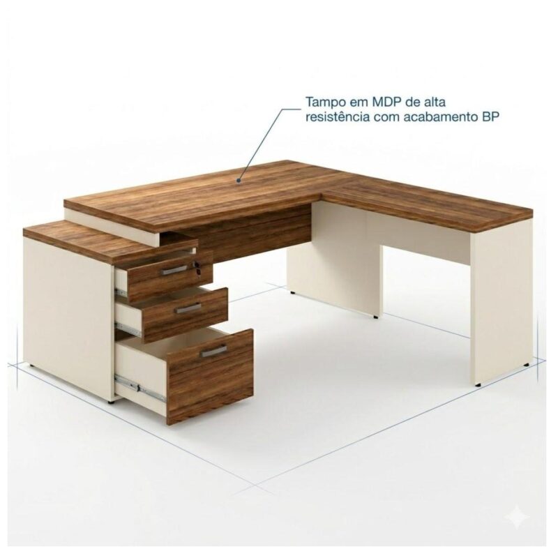 Móveis para Escritório Mesa de Escritório em L Diretor 192x160cm Tampo 40mm com Gaveteiro - Nogal Sevilha / Champanhe - 34431