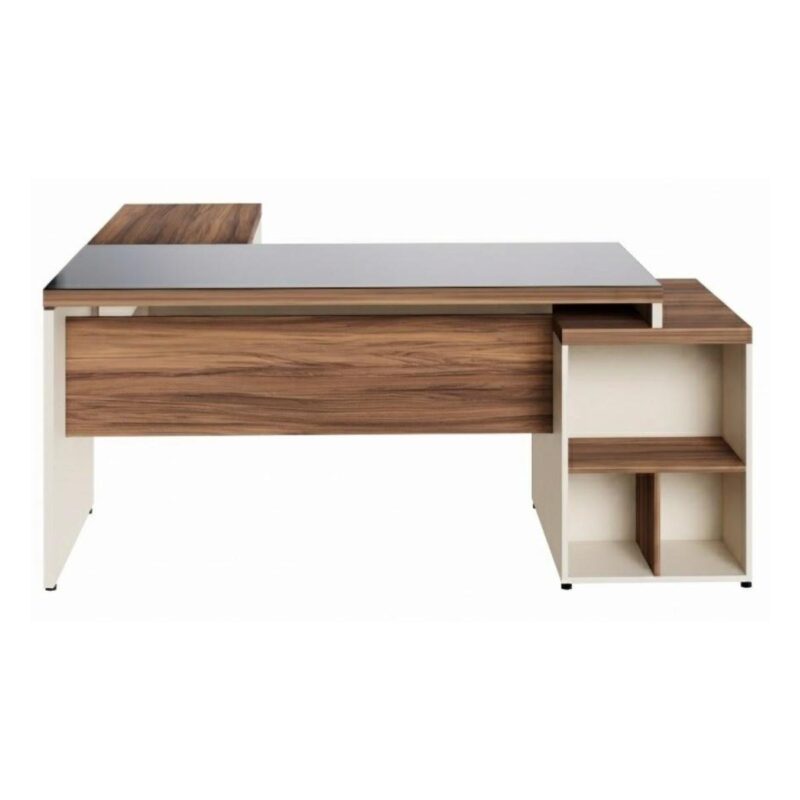 Móveis para Escritório Mesa de Escritório em L Diretor 192x160cm Tampo 40mm Vidro Fumê com Gaveteiro - Nogal Sevilha / Champanhe - 34432