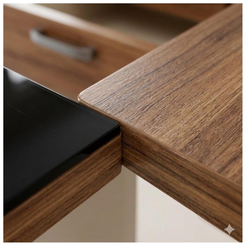 Móveis para Escritório Escrivaninha de Escritório em L - 1,92x1,60m - Tampo 40mm com Armário Lateral Integrado e Vidro 4mm Fumê - Nogal Sevilha / Champanhe