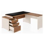 Móveis para Escritório Mesa de Escritório em L Diretor 192x160cm Tampo 40mm Vidro Fumê com Gaveteiro - Nogal Sevilha / Champanhe - 34432