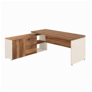 Móveis para Escritório Escrivaninha de Escritório em L Tampo 40mm com Armário Lateral Integrado - 1,90x1,60 - Nogal Sevilha / Champanhe
