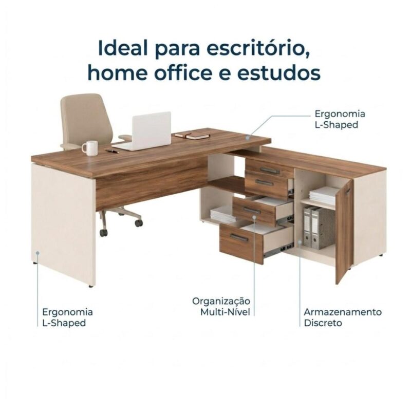 Móveis para Escritório Escrivaninha de Escritório em L Tampo 40mm com Armário Lateral Integrado - 1,90x1,60 - Nogal Sevilha / Champanhe