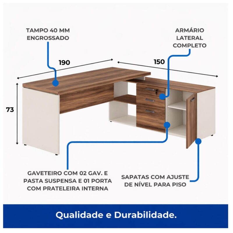 Móveis para Escritório Escrivaninha de Escritório em L Tampo 40mm com Armário Lateral Integrado - 1,90x1,60 - Nogal Sevilha / Champanhe