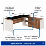 Móveis para Escritório Escrivaninha de Escritório em L - 1,92x1,60m - Tampo 40mm com Armário Lateral Integrado e Vidro 4mm Fumê - Nogal Sevilha / Champanhe