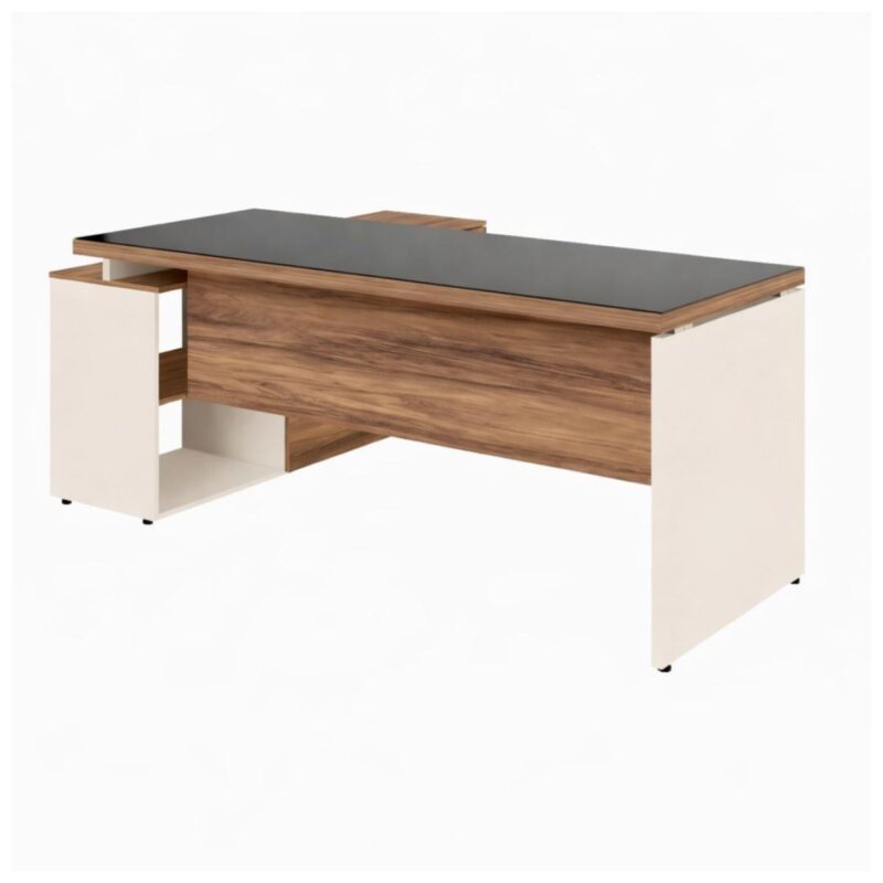 Móveis para Escritório Escrivaninha de Escritório em L - 1,92x1,60m - Tampo 40mm com Armário Lateral Integrado e Vidro 4mm Fumê - Nogal Sevilha / Champanhe