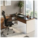 Móveis para Escritório Escrivaninha de Escritório em L - 1,92x1,60m - Tampo 40mm com Armário Lateral Integrado e Vidro 4mm Fumê - Nogal Sevilha / Champanhe
