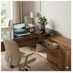 Móveis para Escritório Escrivaninha de Escritório em L - 1,92x1,60m - Tampo 40mm com Armário Lateral Integrado e Vidro 4mm Fumê - Nogal Sevilha / Champanhe