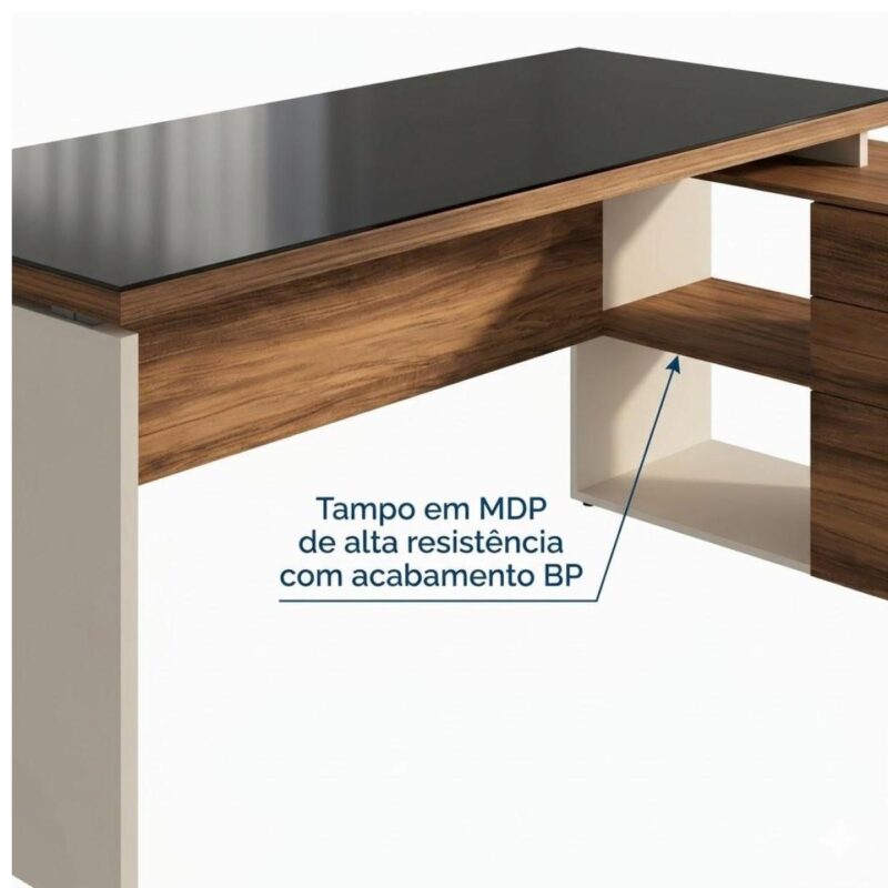 Móveis para Escritório Escrivaninha de Escritório em L - 1,92x1,60m - Tampo 40mm com Armário Lateral Integrado e Vidro 4mm Fumê - Nogal Sevilha / Champanhe