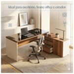 Móveis para Escritório Escrivaninha de Escritório em L - 1,92x1,60m - Tampo 40mm com Armário Lateral Integrado e Vidro 4mm Fumê - Nogal Sevilha / Champanhe