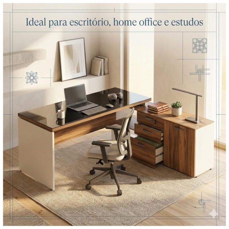 Móveis para Escritório Escrivaninha de Escritório em L - 1,92x1,60m - Tampo 40mm com Armário Lateral Integrado e Vidro 4mm Fumê - Nogal Sevilha / Champanhe