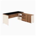 Móveis para Escritório Escrivaninha de Escritório em L - 1,92x1,60m - Tampo 40mm com Armário Lateral Integrado e Vidro 4mm Fumê - Nogal Sevilha / Champanhe