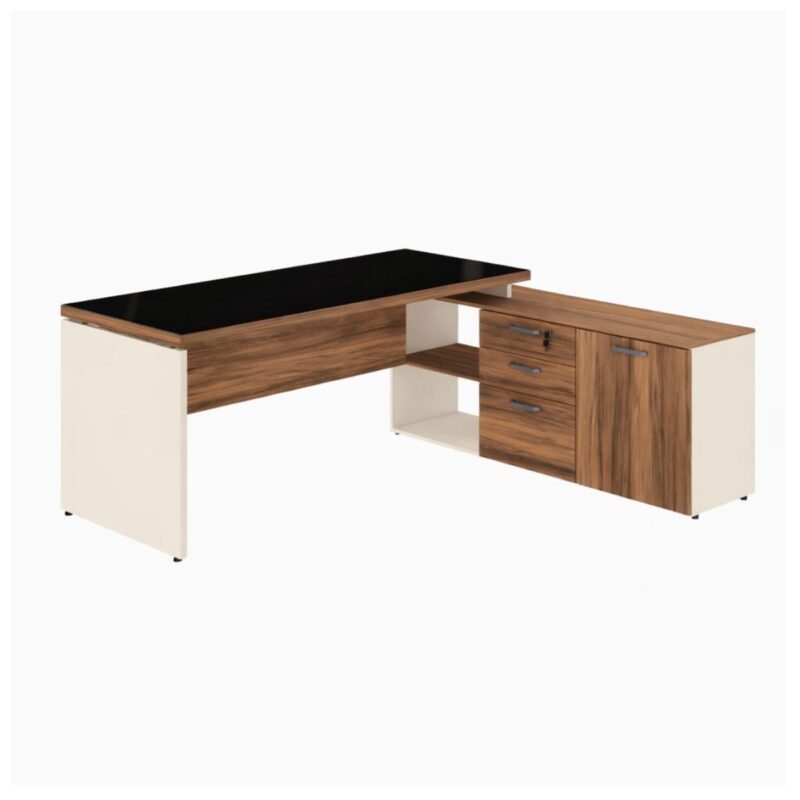 Móveis para Escritório Escrivaninha de Escritório em L - 1,92x1,60m - Tampo 40mm com Armário Lateral Integrado e Vidro 4mm Fumê - Nogal Sevilha / Champanhe