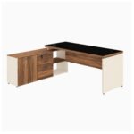 Móveis para Escritório Escrivaninha de Escritório em L - 1,92x1,60m - Tampo 40mm com Armário Lateral Integrado e Vidro 4mm Fumê - Nogal Sevilha / Champanhe