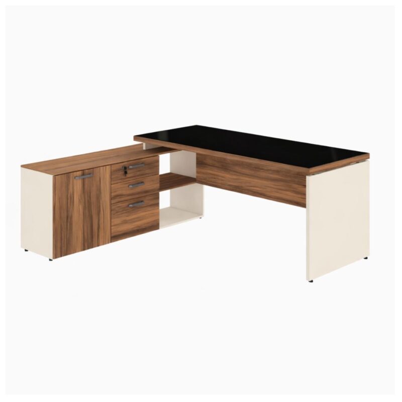 Móveis para Escritório Escrivaninha de Escritório em L - 1,92x1,60m - Tampo 40mm com Armário Lateral Integrado e Vidro 4mm Fumê - Nogal Sevilha / Champanhe