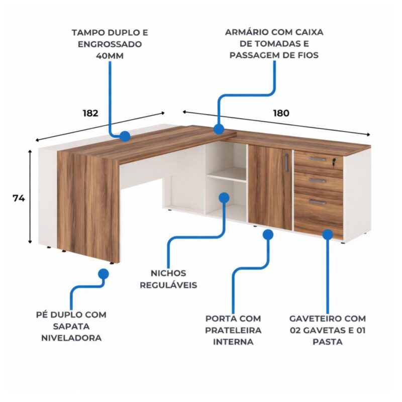 Móveis para Escritório Mesa de Escritório em L com Armário Integrado e Gaveteiro - 1,82x,1,80 – Elegância e Performance - 34602