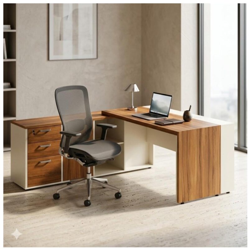 Móveis para Escritório Mesa de Escritório em L com Armário Integrado e Gaveteiro - 1,82x,1,80 – Elegância e Performance - 34602
