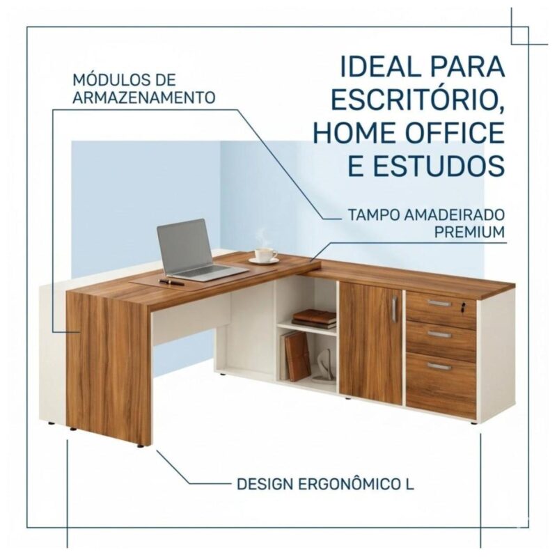 Móveis para Escritório Mesa de Escritório em L com Armário Integrado e Gaveteiro - 1,82x,1,80 – Elegância e Performance - 34602