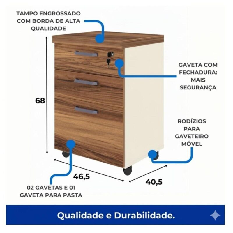 Móveis para Escritório Gaveteiro Móvel para Escritório com Chave -0,68x0,46x0,40cm - Organização e Segurança no Estilo - 34313