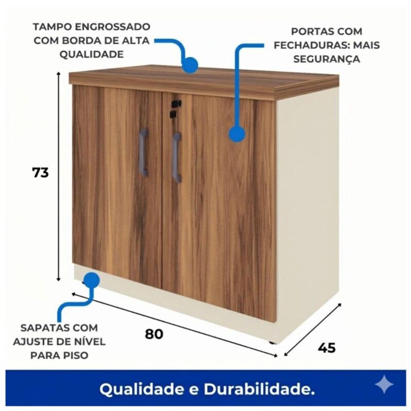 Móveis para Escritório Armário de Escritório Baixo com Chave e 2 Portas e Prateleira Interna- 0,80x0,74x0,45cm - Nogal Sevilha / Champanhe - 34311