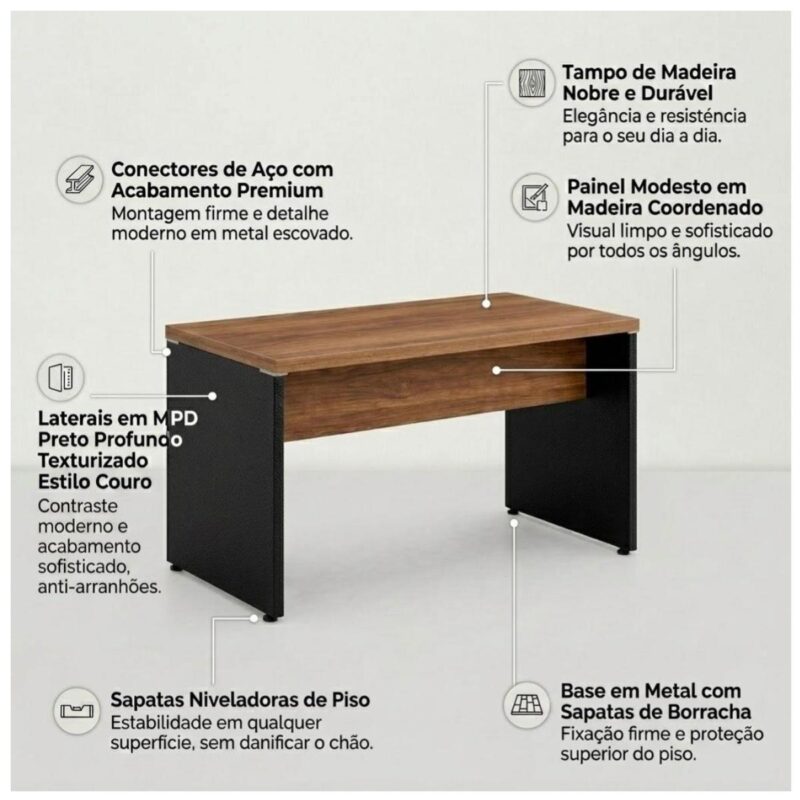 Móveis para Escritório Mesa de Escritório Executiva Reta – 1,70m x 0,70cm (Tampo 40mm) – Nogal Sevilha / Preto - 21474