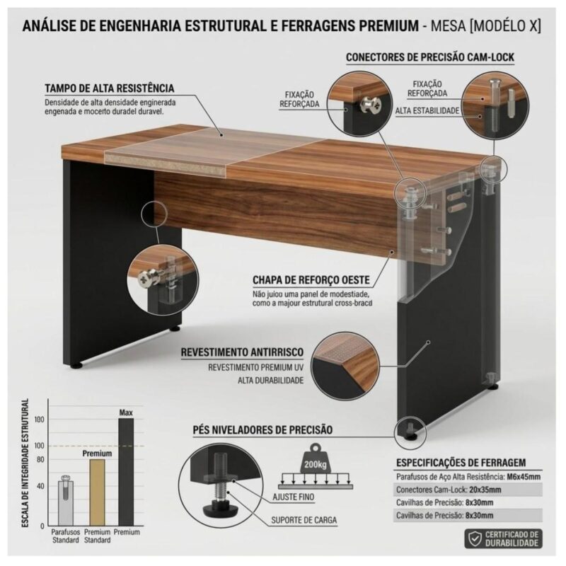 Móveis para Escritório Mesa de Escritório Executiva Reta – 1,70m x 0,70cm (Tampo 40mm) – Nogal Sevilha / Preto - 21474