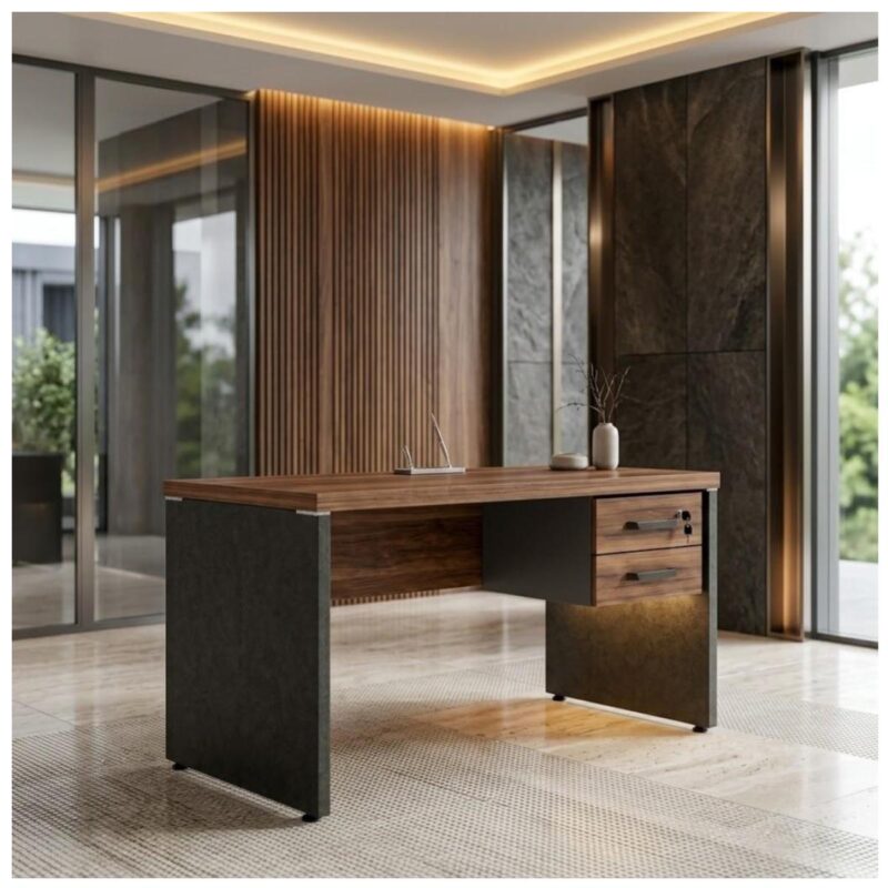 Móveis para Escritório Mesa de Escritório Executiva Reta com Gavetas – 1,70m x 0,70cm (Tampo 40mm) – Nogal Sevilha / Preto - 21475