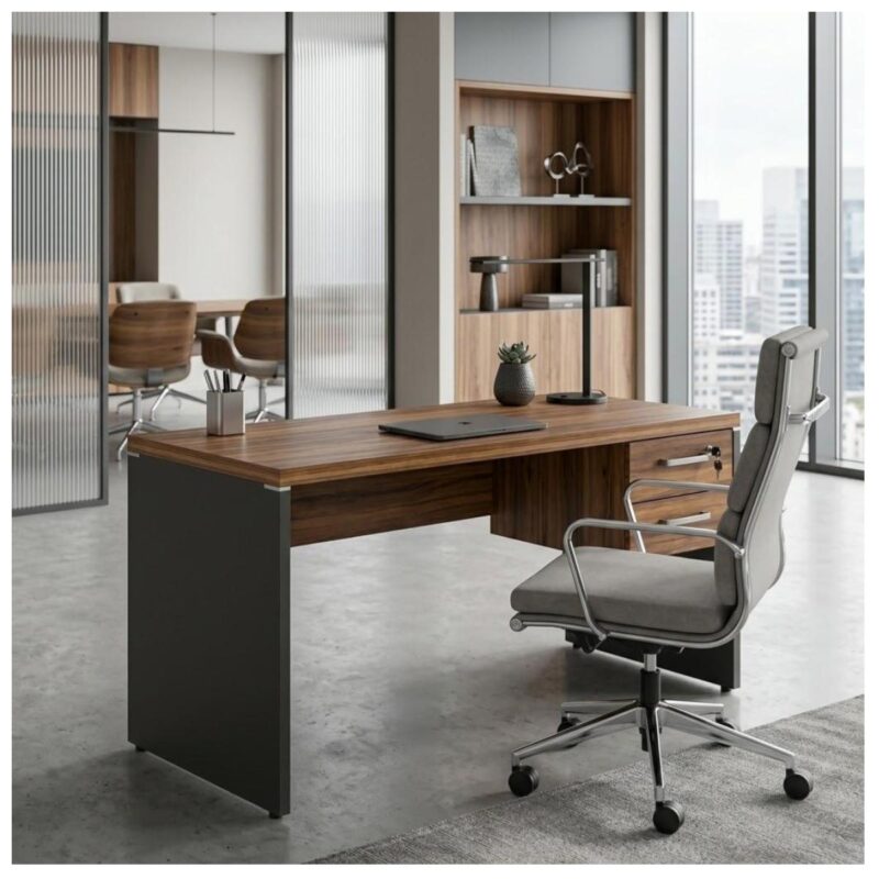 Móveis para Escritório Mesa de Escritório Executiva Reta com Gavetas – 1,70m x 0,70cm (Tampo 40mm) – Nogal Sevilha / Preto - 21475