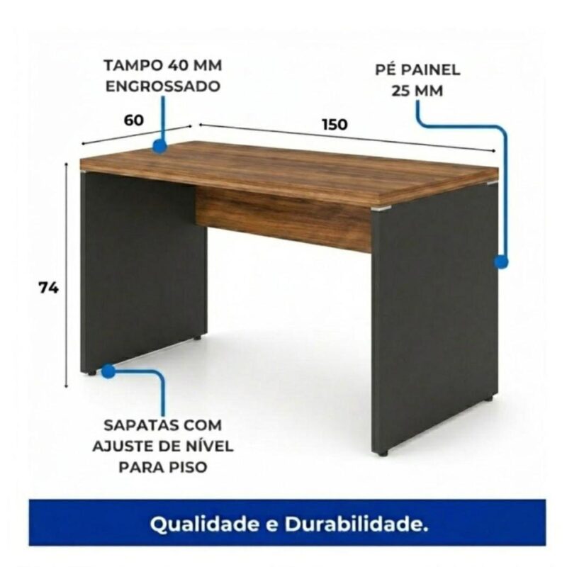 Móveis para Escritório Mesa de Escritório Executiva Reta – 1,50m x 0,60cm (Tampo 40mm) – Nogal Sevilha / Preto - 21472