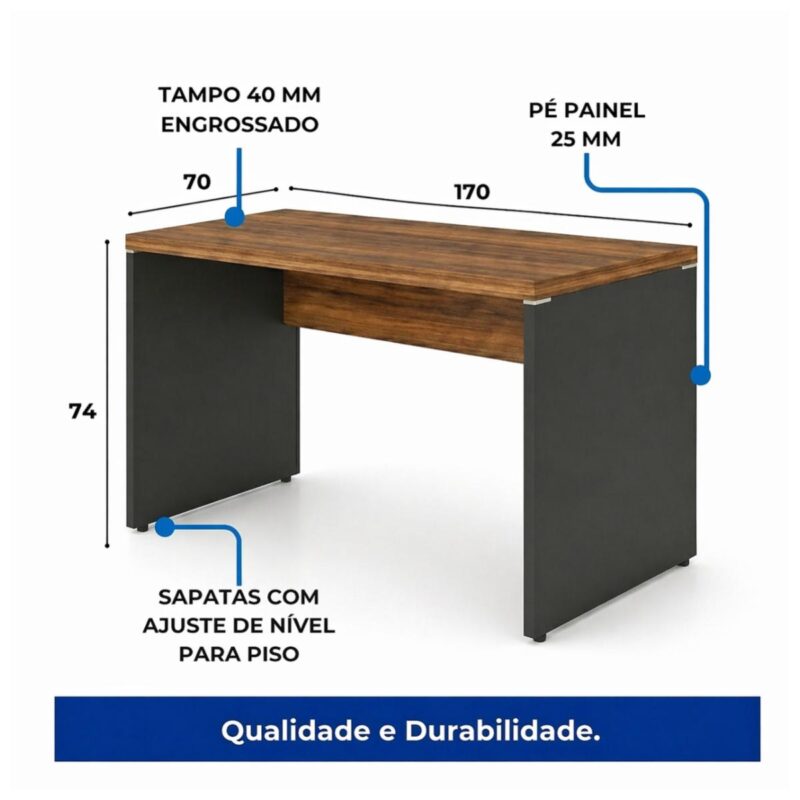 Móveis para Escritório Mesa de Escritório Executiva Reta – 1,70m x 0,70cm (Tampo 40mm) – Nogal Sevilha / Preto - 21474
