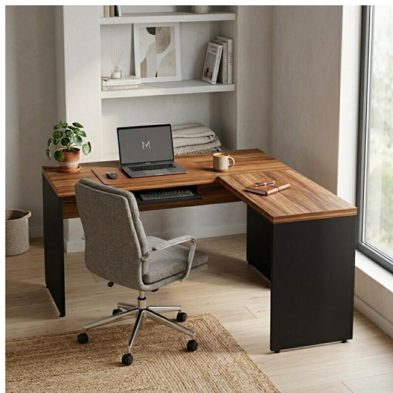 Móveis para Escritório Mesa em L (Mesa 1,50  + Mesa Auxiliar) – S/ Gavetas – (Tampo 40mm) – Nogal Sevilha / Preto - 21476