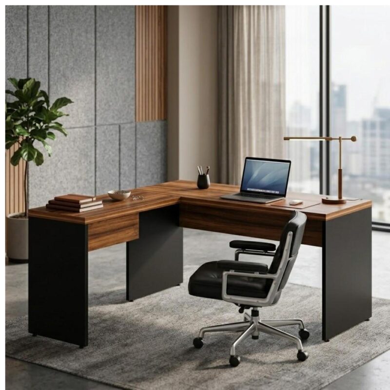 Móveis para Escritório Mesa em L (Mesa 1,50  + Mesa Auxiliar) – S/ Gavetas – (Tampo 40mm) – Nogal Sevilha / Preto - 21476