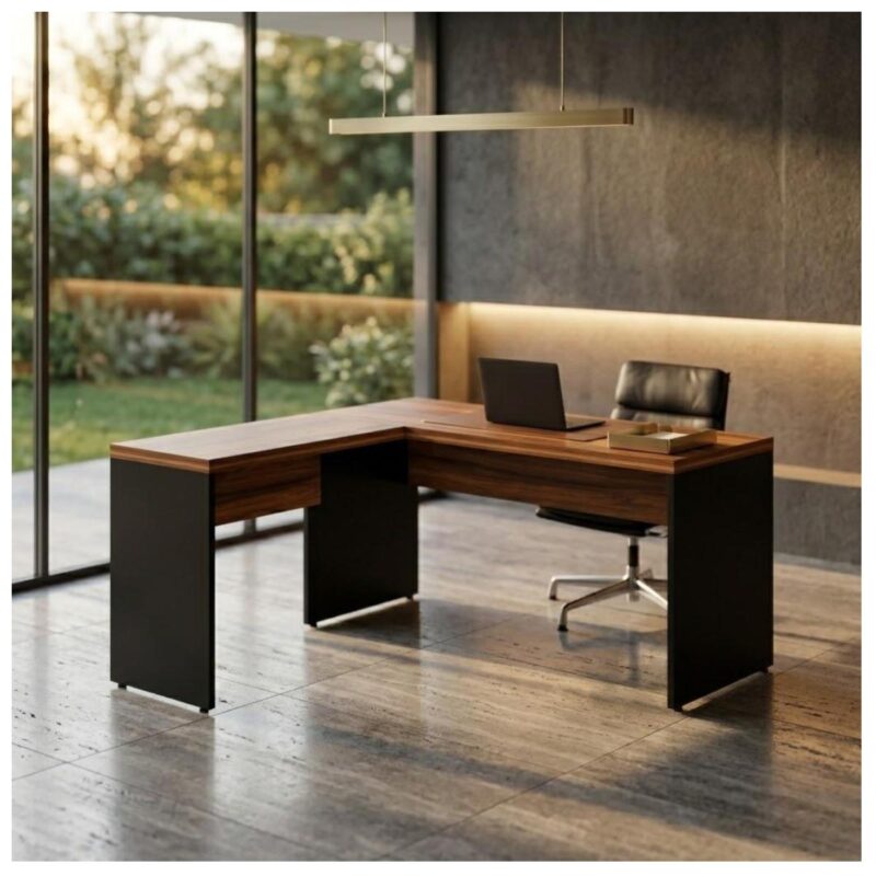 Móveis para Escritório Mesa em L (Mesa 1,50  + Mesa Auxiliar) – S/ Gavetas – (Tampo 40mm) – Nogal Sevilha / Preto - 21476