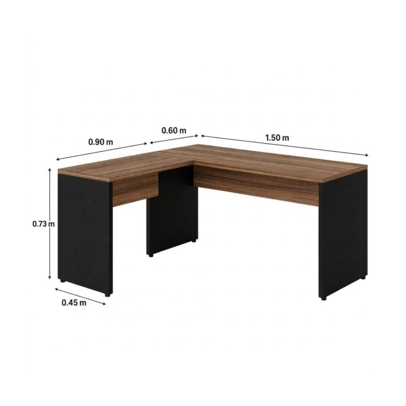 Móveis para Escritório Mesa em L (Mesa 1,50  + Mesa Auxiliar) – S/ Gavetas – (Tampo 40mm) – Nogal Sevilha / Preto - 21476
