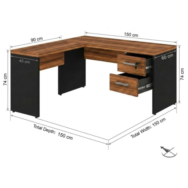 Móveis para Escritório Mesa em L (Mesa  1,50m + Mesa Auxiliar) – C/ Gavetas – WORKSTART – NOGAL SEVILHA/ Preto - 21477