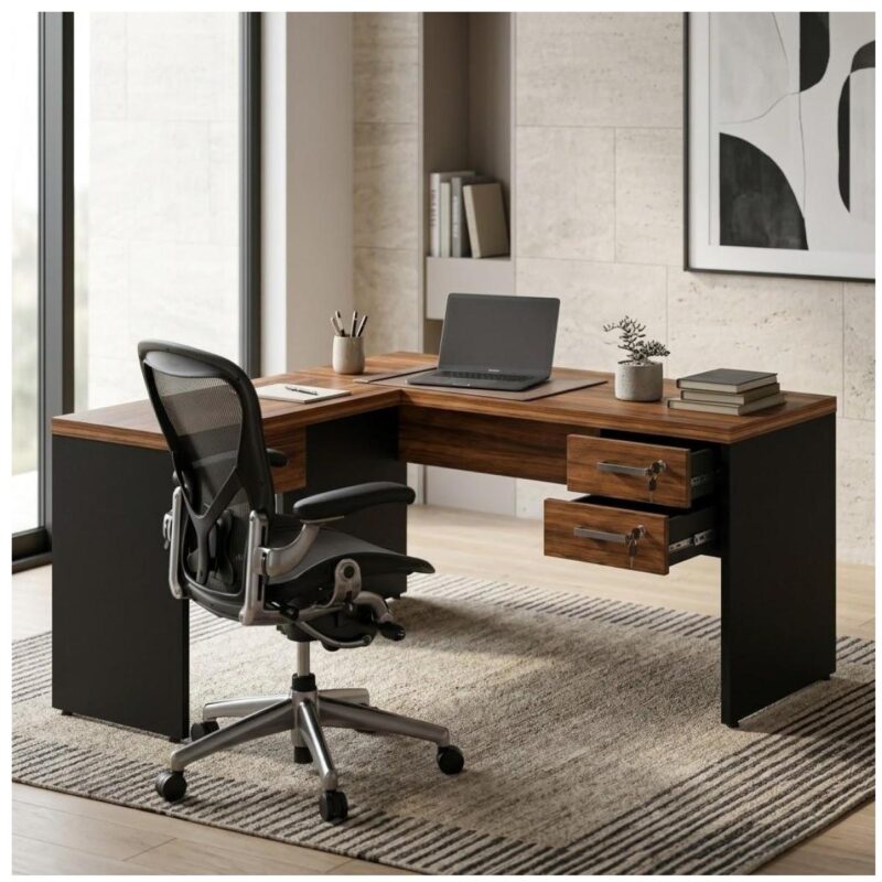 Móveis para Escritório Mesa em L (Mesa  1,50m + Mesa Auxiliar) – C/ Gavetas – WORKSTART – NOGAL SEVILHA/ Preto - 21477