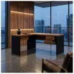 Móveis para Escritório Mesa em L (Mesa  1,50m + Mesa Auxiliar) – C/ Gavetas – WORKSTART – NOGAL SEVILHA/ Preto - 21477