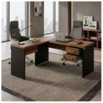Móveis para Escritório Mesa em L (Mesa  1,50m + Mesa Auxiliar) – C/ Gavetas – WORKSTART – NOGAL SEVILHA/ Preto - 21477