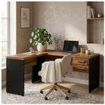 Móveis para Escritório Mesa em L (Mesa 1,70m  + Mesa Auxiliar) – C/ Gavetas – (Tampo 40mm) – Nogal Sevilha / Preto - 21479
