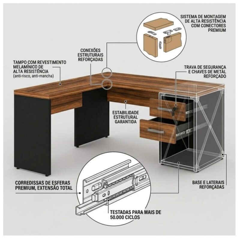 Móveis para Escritório Mesa em L (Mesa 1,70m  + Mesa Auxiliar) – C/ Gavetas – (Tampo 40mm) – Nogal Sevilha / Preto - 21479