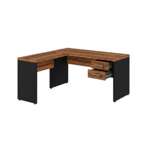 Mesa em L (Mesa  1,50m + Mesa Auxiliar) – C/ Gavetas – WORKSTART – NOGAL SEVILHA/ Preto - 21477