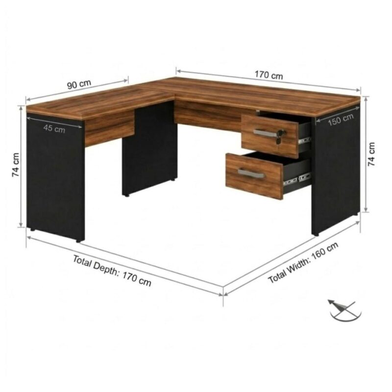 Móveis para Escritório Mesa em L (Mesa 1,70m  + Mesa Auxiliar) – C/ Gavetas – (Tampo 40mm) – Nogal Sevilha / Preto - 21479