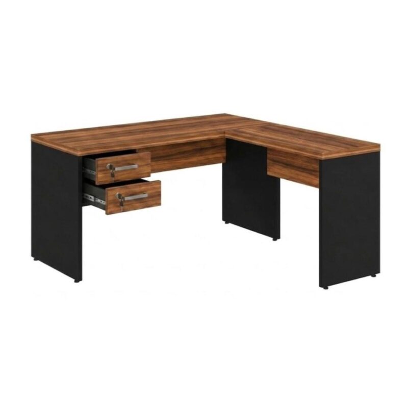 Móveis para Escritório Mesa em L (Mesa 1,70m  + Mesa Auxiliar) – C/ Gavetas – (Tampo 40mm) – Nogal Sevilha / Preto - 21479